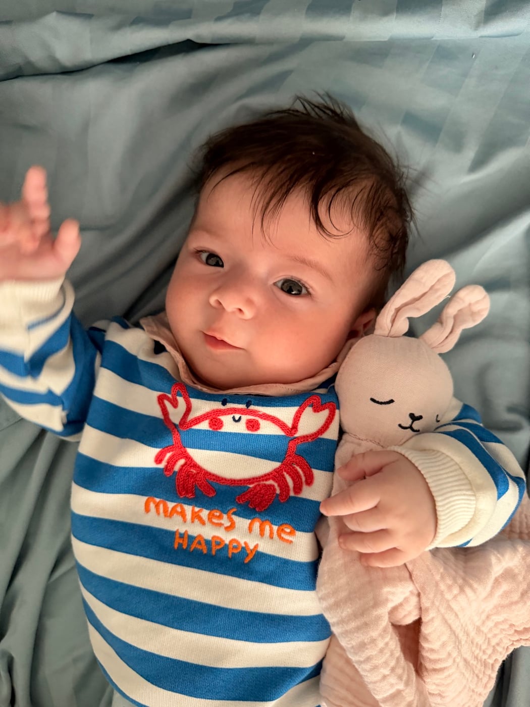 Baby cuddling a soft toy