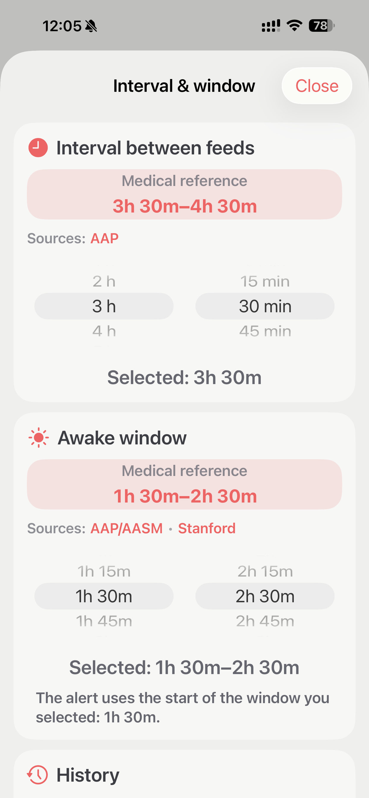 BooDoo interval and awake window screen showing medical reference sources