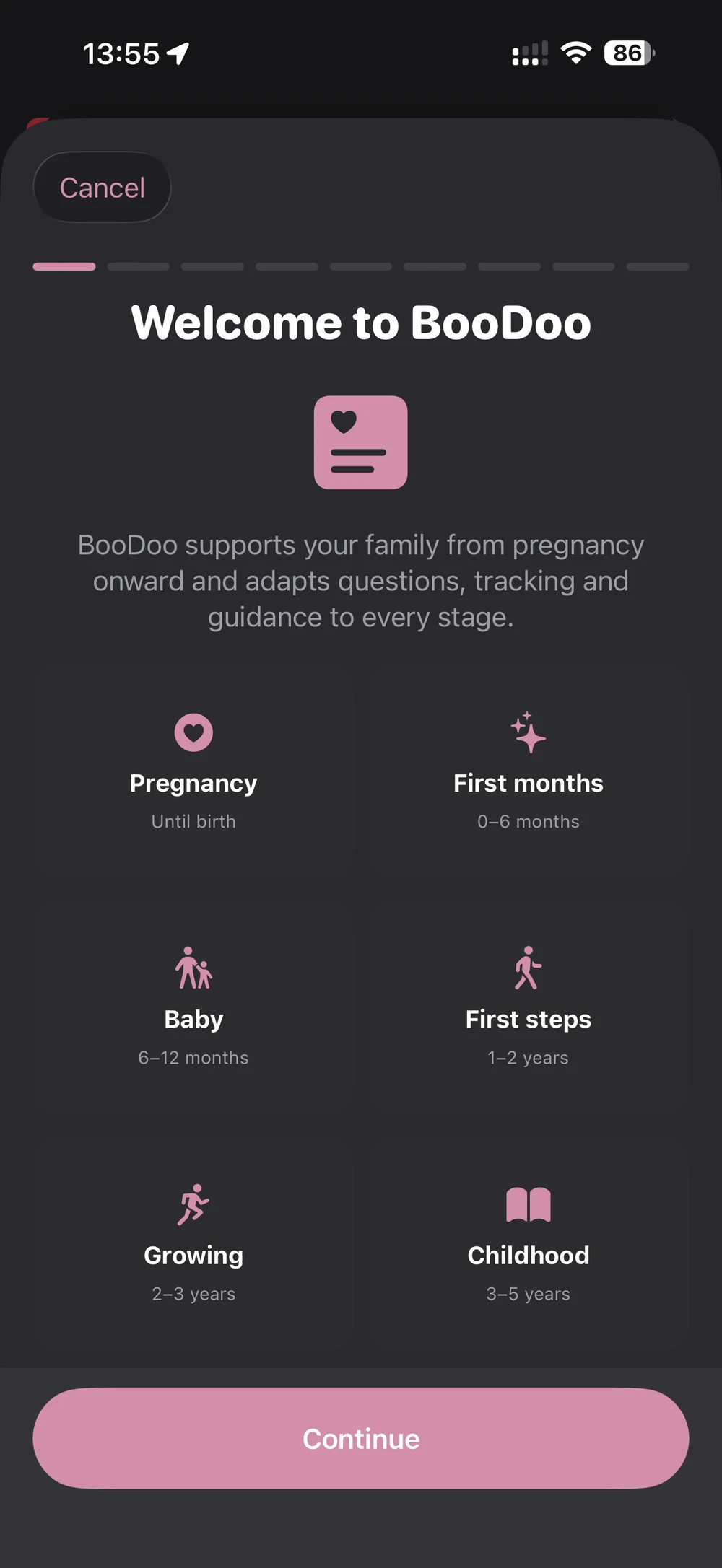 BooDoo welcome screen showing stages from pregnancy through childhood