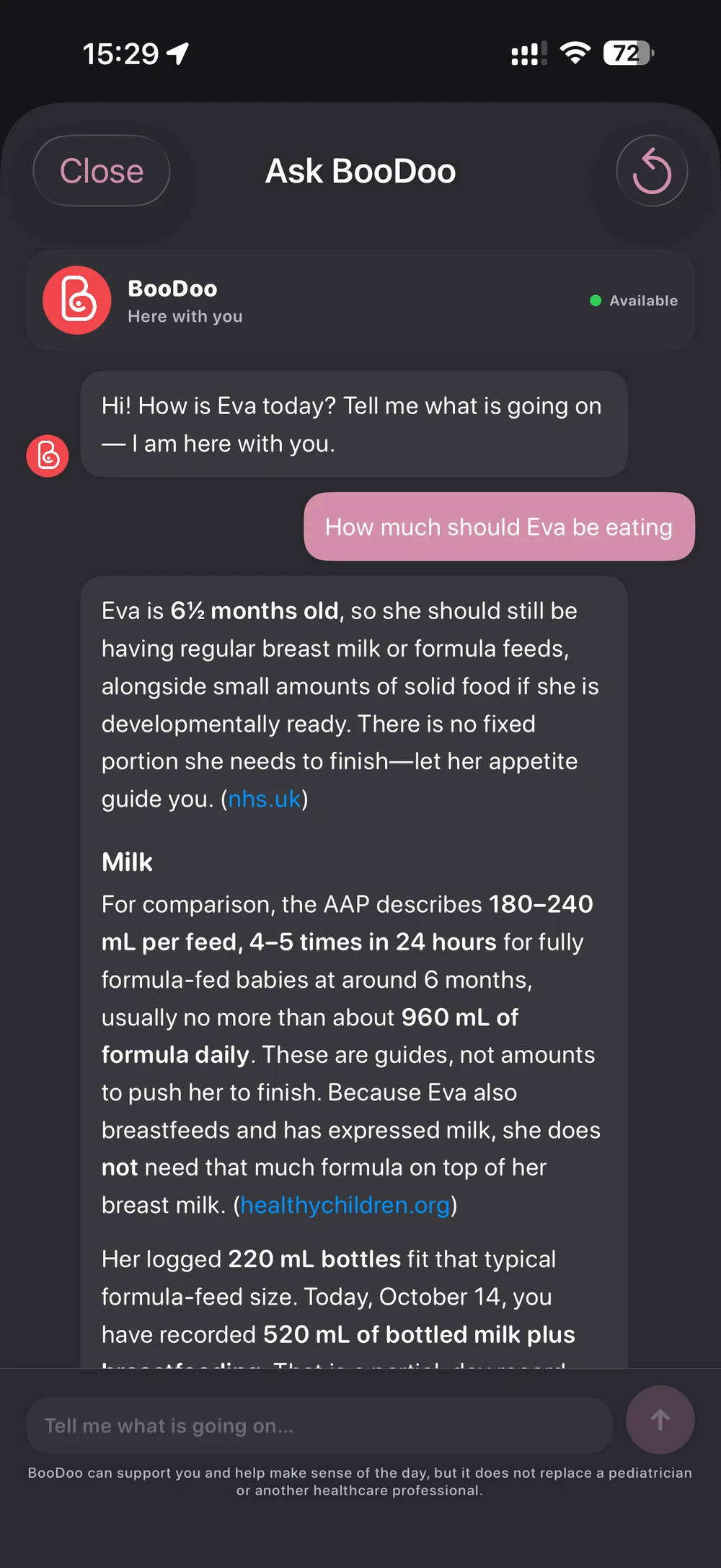 Ask BooDoo explaining Eva’s feeding records in the context of her age and mixed feeding